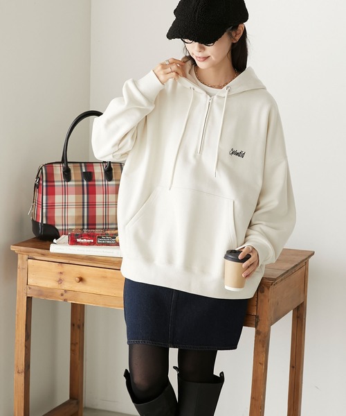 BONLECILL(ボンルシール)の「ロゴ刺繍ハーフZIP 裏毛スウェットパーカー/フーディープルオーバー(パーカー・レディース・ブラック/ネイビー/杢グレー/アイボリー・FREE)」の14枚目の写真