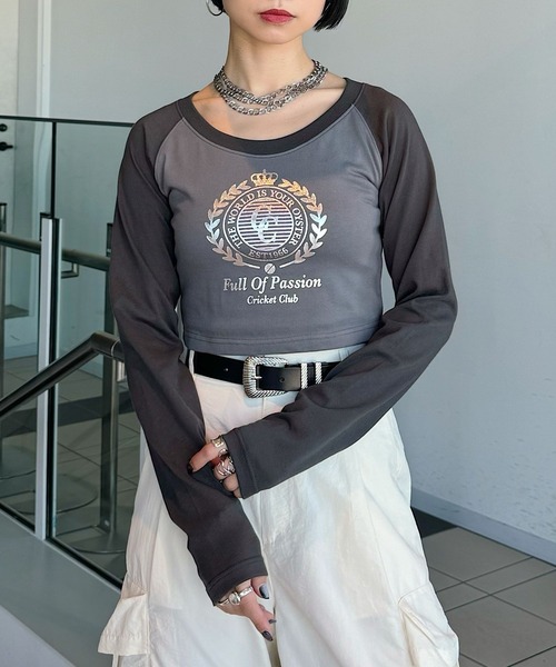 PAGEBOY（ページボーイ）の「ピッタミニラグランロンT（Tシャツ/カットソー・レディース・グレー/オフホワイト・FREE）」の2枚目の写真