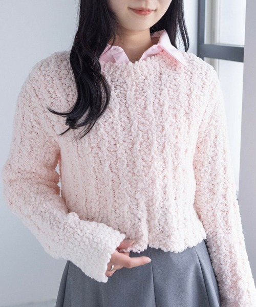 clear（クリア）の「長袖ショート丈ポップコーンニットトップス[骨格ウェーブ フェミニン レイヤード 着回し抜群]≪再入荷≫（ニット/セーター・レディース・アイボリー/ミント/グレイッシュベージュ/ピンク・F）」の4枚目の写真