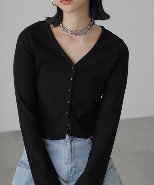 FREE'S MART（フリーズマート）の「◆Vネックドビーカットソーカーディガン（カーディガン/ボレロ・レディース・ブラック/ホワイト/イエロー・FREE）」の5枚目の写真