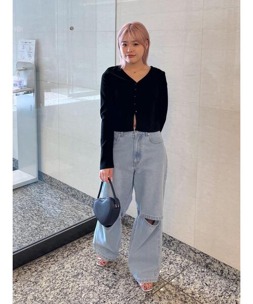 FREE'S MART（フリーズマート）の「◆Vネックドビーカットソーカーディガン（カーディガン/ボレロ・レディース・ブラック/ホワイト/イエロー・FREE）」の7枚目の写真