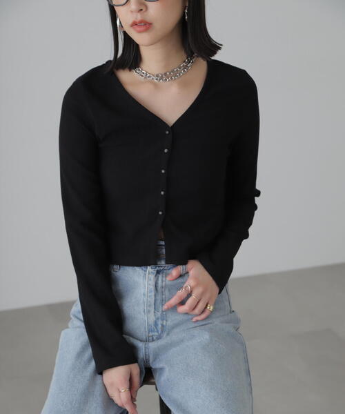 FREE'S MART（フリーズマート）の「◆Vネックドビーカットソーカーディガン（カーディガン/ボレロ・レディース・ブラック/ホワイト/イエロー・FREE）」の11枚目の写真