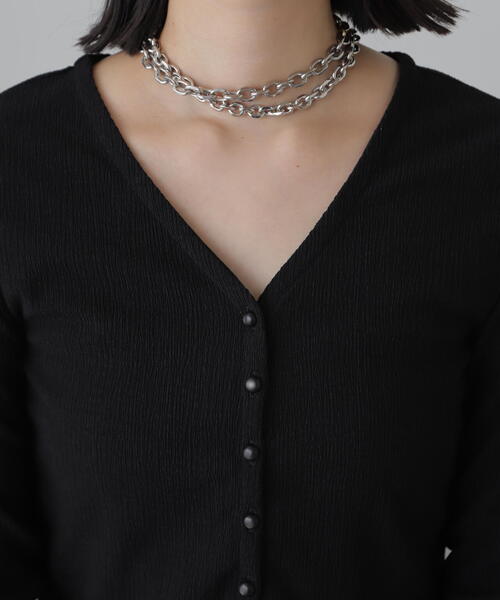 FREE'S MART（フリーズマート）の「◆Vネックドビーカットソーカーディガン（カーディガン/ボレロ・レディース・ブラック/ホワイト/イエロー・FREE）」の12枚目の写真