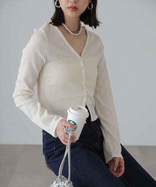 FREE'S MART（フリーズマート）の「◆Vネックドビーカットソーカーディガン（カーディガン/ボレロ・レディース・ブラック/ホワイト/イエロー・FREE）」の18枚目の写真