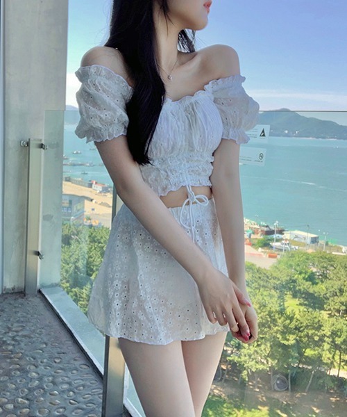 gossip!ロサンゼルス(ゴシップロサンゼルス)の「2Way総レースアップ体型カバー水着 3点水着セット(水着・レディース・ホワイト・XL/L/M)」の14枚目の写真