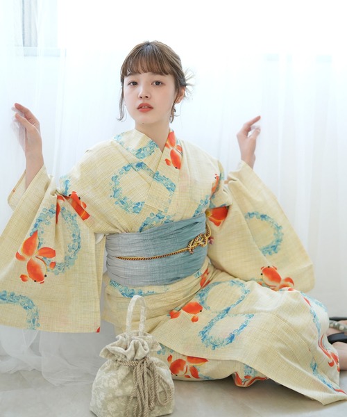 utatane（ウタタネ）の「選べる浴衣3点セット 綿麻 古典レトロ（浴衣・レディース・ブルー系1/ブラック系1/ベージュ系2/グリーン系1/ベージュ系3/ベージュ系1/レッド系1/ベージュ系4/ベージュ系5/ベージュ系7/ベージュ系6/パープル系1/レッド系2/ブラック系2/ブラック系3/ベージュ系8/ブラック系4/グリーン系2・FREE）」の6枚目の写真