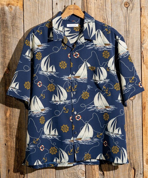 FREAK'S STORE（フリークスストア）の「FREAK’S STORE/フリークスストア ルーズシルエット 総柄 オープンカラー シャツ/ショートスリーブ（シャツ/ブラウス・メンズ・ベージュ/ネイビー/オフホワイト/サックスブルー・MEDIUM/LARGE）」の5枚目の写真