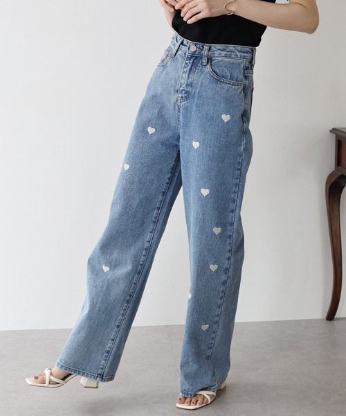 ハート刺繍ワイドデニムパンツ（デニムパンツ）｜BLUEEAST