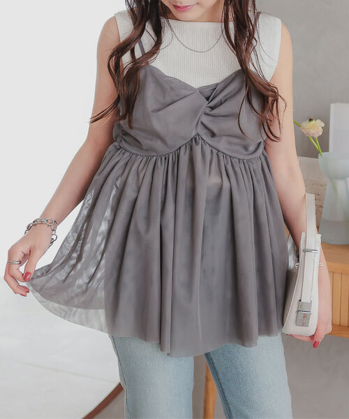 KOBE LETTUCE（コウベレタス）の「[ 低身長向けサイズ ] クロスデザインチュールキャミソール（キャミソール・レディース・ブラック/アイボリー/チャコールグレー・PM）」の3枚目の写真