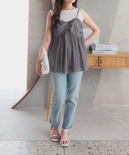 KOBE LETTUCE（コウベレタス）の「[ 低身長向けサイズ ] クロスデザインチュールキャミソール（キャミソール・レディース・ブラック/アイボリー/チャコールグレー・PM）」の9枚目の写真