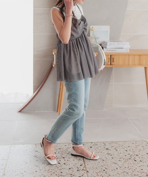 KOBE LETTUCE（コウベレタス）の「[ 低身長向けサイズ ] クロスデザインチュールキャミソール（キャミソール・レディース・ブラック/アイボリー/チャコールグレー・PM）」の10枚目の写真