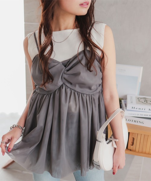 KOBE LETTUCE（コウベレタス）の「[ 低身長向けサイズ ] クロスデザインチュールキャミソール（キャミソール・レディース・ブラック/アイボリー/チャコールグレー・PM）」の8枚目の写真