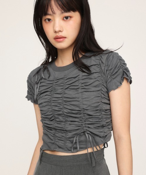 SLY（スライ）の「DRAWSTRING GATHER TOPS ドロストリング ギャザー トップス リボン（Tシャツ/カットソー・レディース・ブラック/ブルー/アイボリー/ダークグレー・FREE）」の8枚目の写真