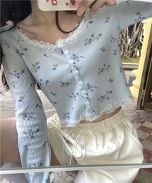 【Mayree】小花柄 レース リブ クロップド丈 カーディガン