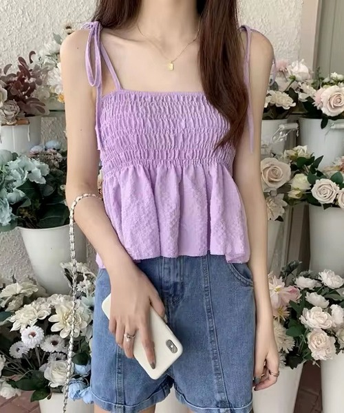 ライトブルー プリーツキャミソール ammy.（エイミードット）の「【 ammy. / エイミードット 】 ギャザー