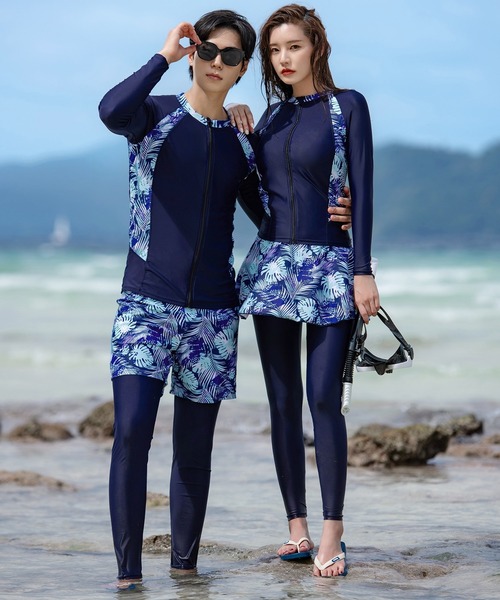 メンズ水着 長袖ボタニカル柄ラッシュガード+ショートパンツ+レギンス