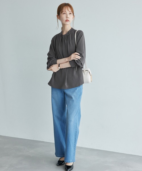 ROPE' PICNIC（ロペピクニック）の「リサイクルポリエステルフロントタックブラウス（シャツ/ブラウス・レディース・サックスブルー/ベージュ系その他/オフホワイト/チャコールグレー・38/36）」の11枚目の写真