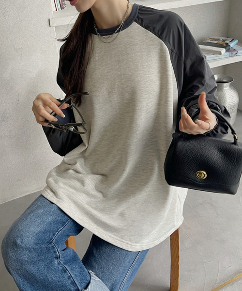 Eclat one(エクラワン)の「【Eclat one】ナイロン 裏毛ドッキング 2WAY デザインスウェット(スウェット・レディース・ブラック/アイボリー/オートミール・FREE)」の15枚目の写真