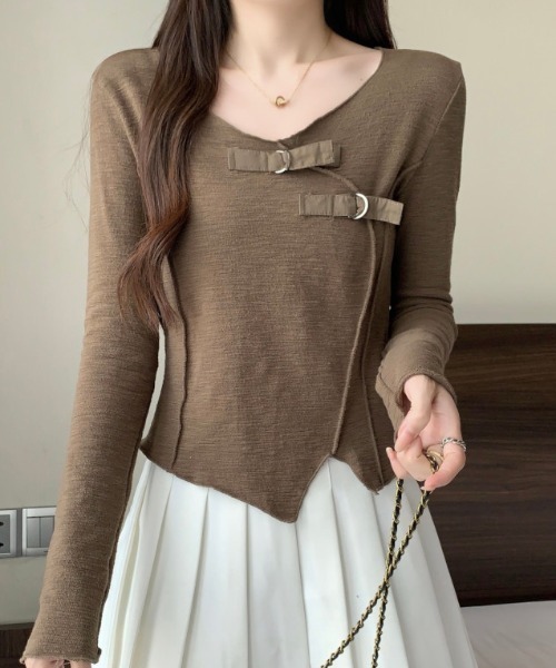 セール】サテンベルト付きアシンメトリートップス（Tシャツ/カットソー