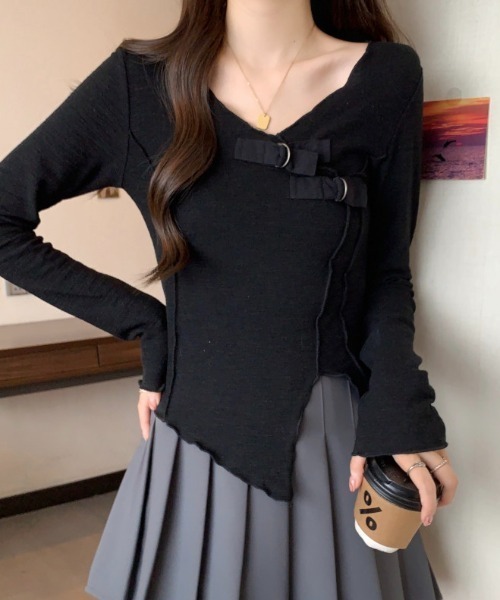 セール】サテンベルト付きアシンメトリートップス（Tシャツ