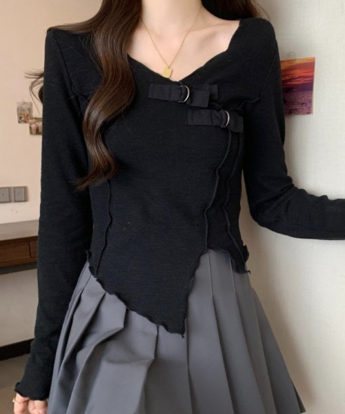 セール】サテンベルト付きアシンメトリートップス（Tシャツ