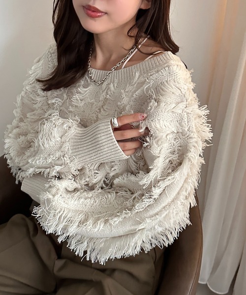 apres jour mignon(アプレジュールミニョン)の「フリンジカーディガン【ZOZOTOWN限定アイテム】(カーディガン/ボレロ・レディース・ブラック系その他/ダークブラウン/ブラック/アイボリー・フリー/X-LARGE)」の2枚目の写真