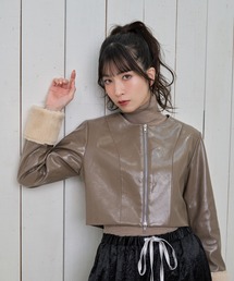 【Nora Lily】「elle」Shiny Fake Leather No-collar Compact Jacket