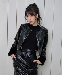 【Nora Lily】「elle」Shiny Fake Leather No-collar Compact Jacket