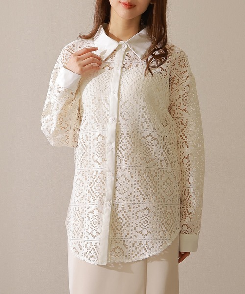 Lace Ladies(レースレディース)の「フレンチ カットレース 長袖 フレア ブラウス(シャツ/ブラウス・レディース・アイボリー/ブラック・FREE)」の2枚目の写真