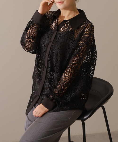 Lace Ladies(レースレディース)の「フレンチ カットレース 長袖 フレア ブラウス(シャツ/ブラウス・レディース・アイボリー/ブラック・FREE)」の5枚目の写真