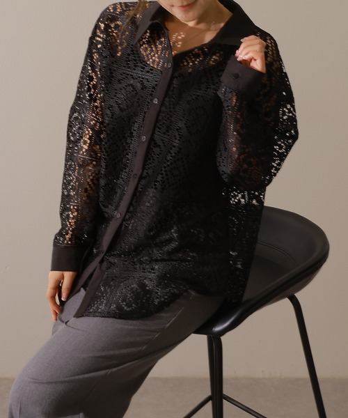 Lace Ladies(レースレディース)の「フレンチ カットレース 長袖 フレア ブラウス(シャツ/ブラウス・レディース・アイボリー/ブラック・FREE)」の7枚目の写真