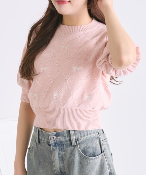 OLIVE des OLIVE(オリーブデオリーブ)の「リボン刺繍ニット(ニット/セーター・レディース・オフホワイト/トップグレー/ピンク/レッド・FREE)」の4枚目の写真