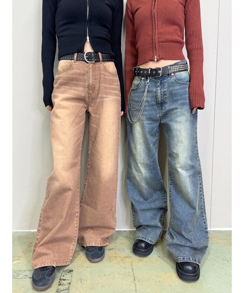 EGOIST（エゴイスト）の「ヴィンテージライク加工ワイドパンツ（デニムパンツ・レディース・ブラウン/ブルー・SS/S/M）」の3枚目の写真