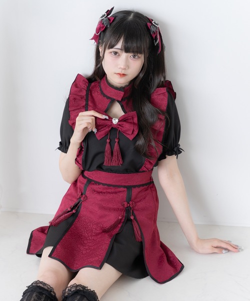 DearMyLove(ディアマイラブ)の「チャイナラインスリットスカート(スカート・レディース・ボルドー/ブラック×ホワイト/ブラック×ブルー/ホワイト×ピンク/ホワイト×ブルー・SMALL/3L/LL/LARGE/MEDIUM)」の7枚目の写真