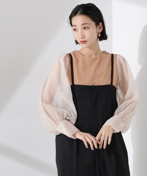 NANO universe（ナノユニバース）の「オーガンジースリーブコンビカットジョーゼットトップス（セットアップ可）（Tシャツ/カットソー・レディース・キャメル/ブラック/グレー・FREE）」の3枚目の写真