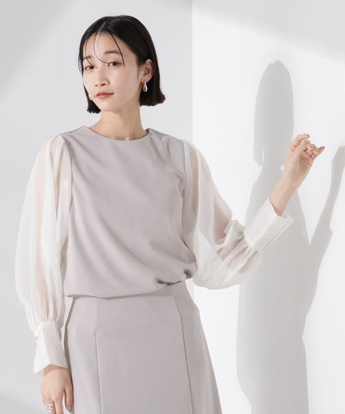 NANO universe（ナノユニバース）の「オーガンジースリーブコンビカットジョーゼットトップス（セットアップ可）（Tシャツ/カットソー・レディース・キャメル/ブラック/グレー・FREE）」の2枚目の写真