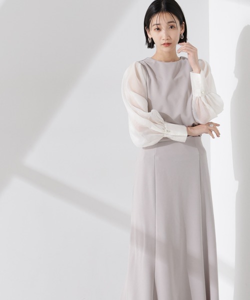 NANO universe（ナノユニバース）の「オーガンジースリーブコンビカットジョーゼットトップス（セットアップ可）（Tシャツ/カットソー・レディース・キャメル/ブラック/グレー・FREE）」の9枚目の写真