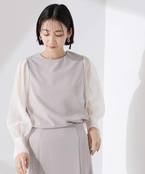 NANO universe（ナノユニバース）の「オーガンジースリーブコンビカットジョーゼットトップス（セットアップ可）（Tシャツ/カットソー・レディース・キャメル/ブラック/グレー・FREE）」の10枚目の写真