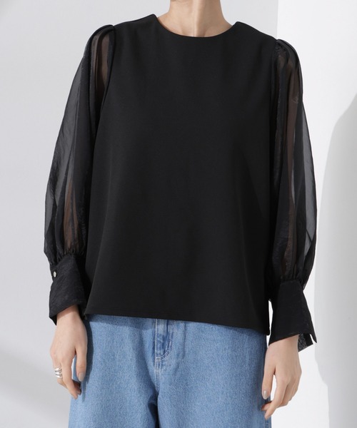 NANO universe（ナノユニバース）の「オーガンジースリーブコンビカットジョーゼットトップス（セットアップ可）（Tシャツ/カットソー・レディース・キャメル/ブラック/グレー・FREE）」の19枚目の写真