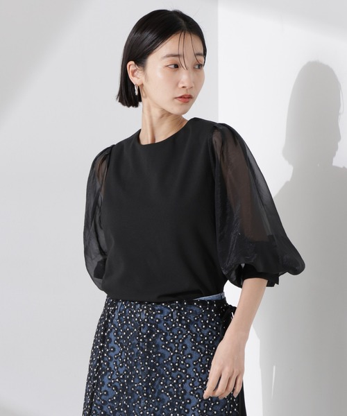 NANO universe（ナノユニバース）の「オーガンジースリーブコンビカットジョーゼットトップス（セットアップ可）（Tシャツ/カットソー・レディース・キャメル/ブラック/グレー・FREE）」の5枚目の写真