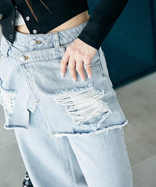 PUBLUX（パブリュクス）の「PUBLUX/パブリュクス レイヤード ラップ デニム　限定展開（デニムパンツ・レディース・サックスブルー/ブルー・M/S）」の4枚目の写真