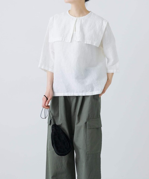 新品今季かぐれビッグカラー2WAYブラウス 2025年春秋半袖リネン