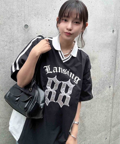 セール】○ロゴ刺繍 衿付ナイロン半袖プルオーバー（Tシャツ