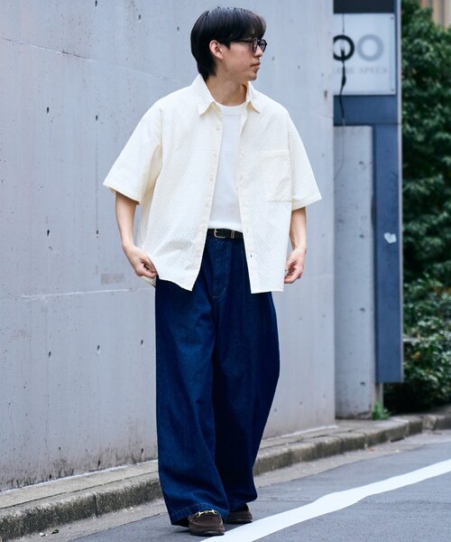 CIAOPANIC TYPY(チャオパニックティピー)の「【通気性◎】ユニセックスジャガード刺繍レースシャツ(シャツ/ブラウス・メンズ・ネイビー/オフホワイト/チャコールグレー・MEDIUM/LARGE)」の4枚目の写真