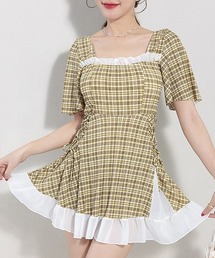 gossip！ロサンゼルス（ゴシップロサンゼルス）の「Y2Kチェック フリルストラップ ガーリーチェックス ミニワンピース風イムウェア  ワンピース水着（水着）」