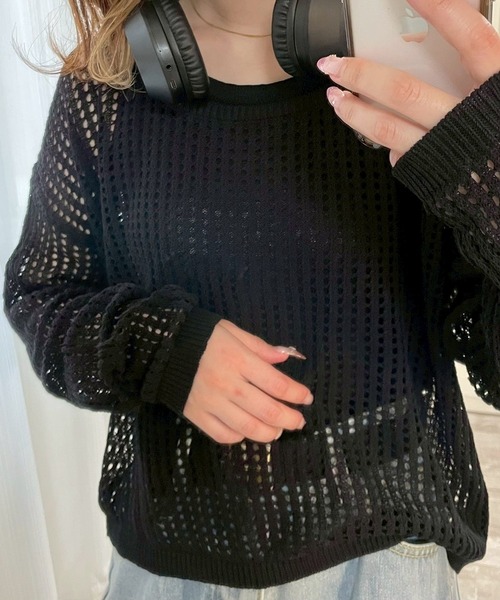 etta(エタ)の「キャミソール付きメッシュトップス(Tシャツ/カットソー・レディース・ブラック/オートミール・FREE)」の1枚目の写真