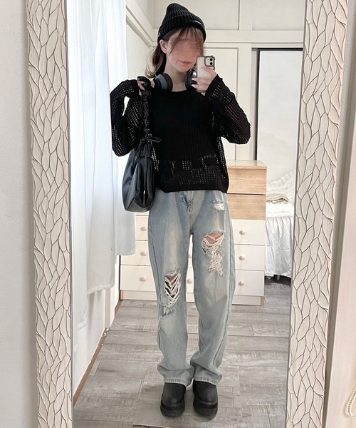etta(エタ)の「キャミソール付きメッシュトップス(Tシャツ/カットソー・レディース・ブラック/オートミール・FREE)」の3枚目の写真