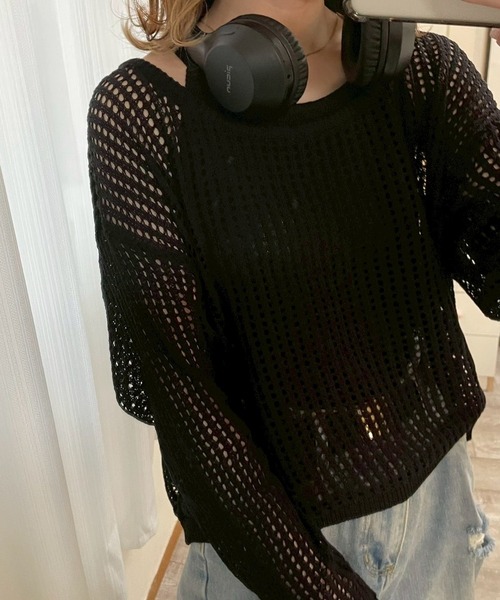 etta(エタ)の「キャミソール付きメッシュトップス(Tシャツ/カットソー・レディース・ブラック/オートミール・FREE)」の7枚目の写真
