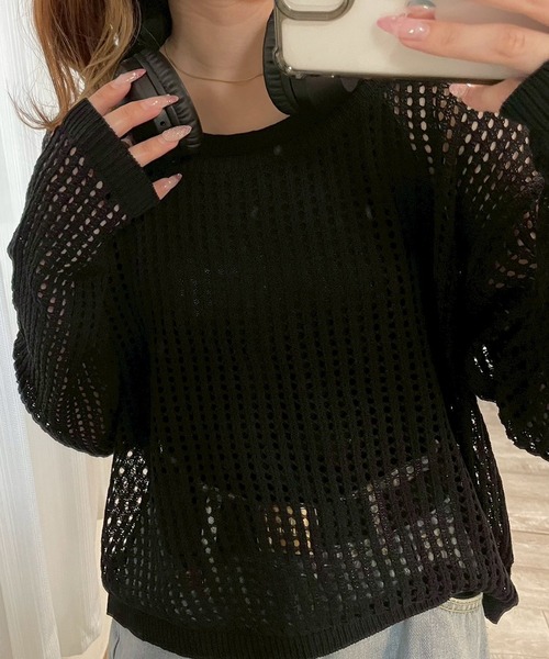 etta(エタ)の「キャミソール付きメッシュトップス(Tシャツ/カットソー・レディース・ブラック/オートミール・FREE)」の8枚目の写真
