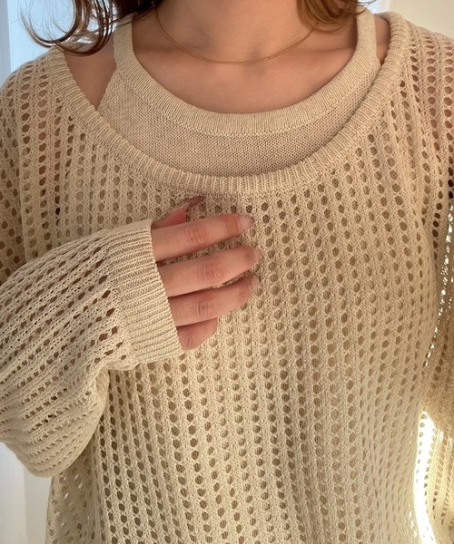 etta(エタ)の「キャミソール付きメッシュトップス(Tシャツ/カットソー・レディース・ブラック/オートミール・FREE)」の10枚目の写真